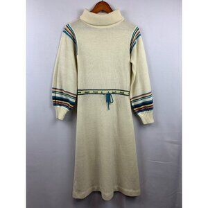 Vintage Cream Knit Dress With Striped Sleeves & Turtleneck